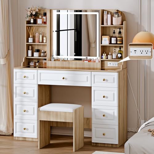 White 9 Drawer Glass Top Makeup Vanity Desk with Mirror and Lights C224