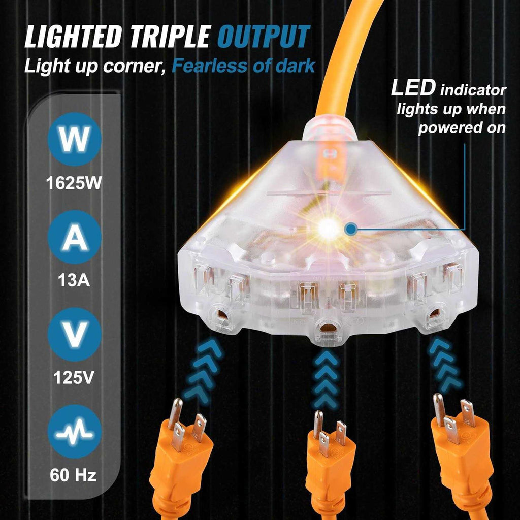 50 ft Heavy Duty 14AWG/3C SJTOW Retractable Extension Cord Reel with Lighted Triple Tap Outlet L688028