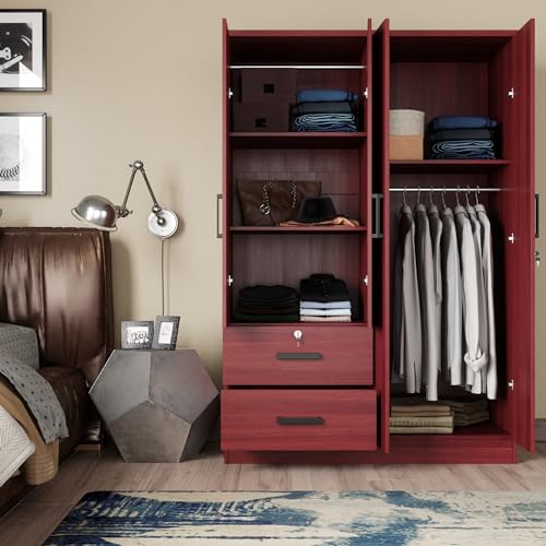 Modern Wood 4 Doors 2 Drawers Armoire (Mahogany) O447607