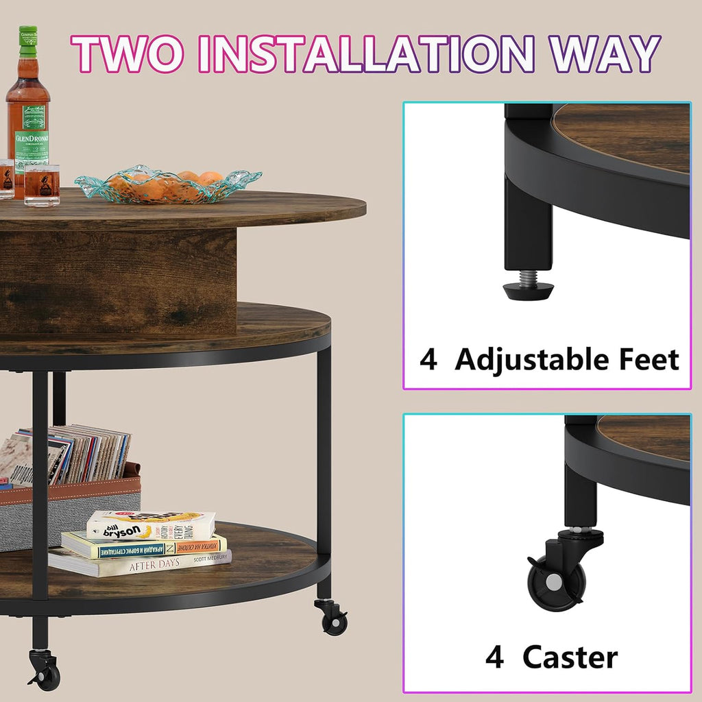Rustic Brown Lift Top Round Coffee Table with 2-Tier Storage & Wheels C30371