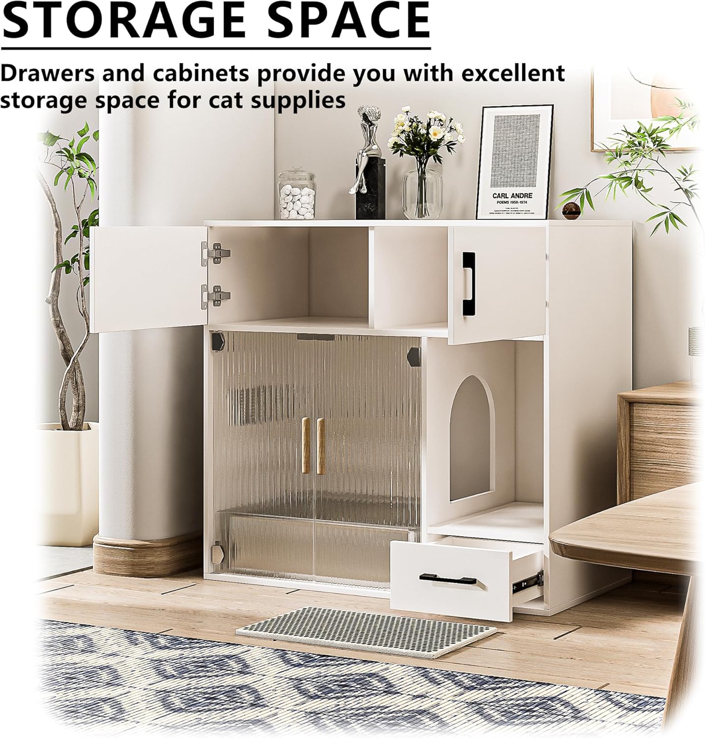 White Cat Litter Box Enclosure Furniture Cabinet with Storage Space, 37.4'' x 19.7'' x 35.4'' I28915
