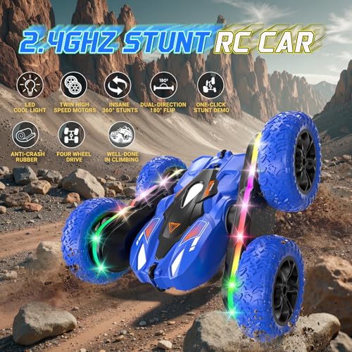 Remote Control Car with LED-Strips, 360° Flips Stunt Toy Cars, 40 Min Playtime with Dual Batteries & Extra Tires S11948