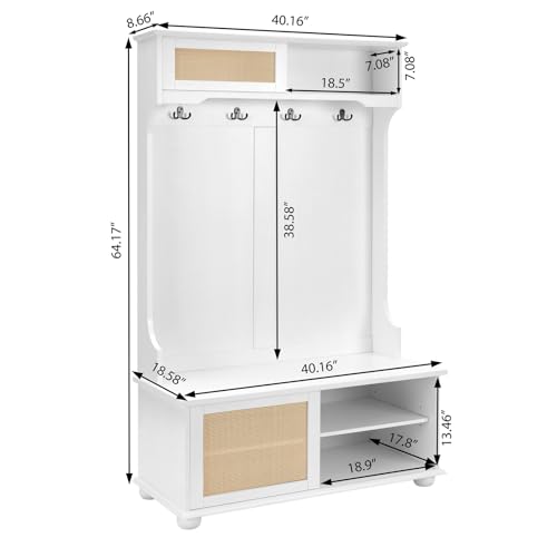 64" 3-in-1 Hall Tree Entryway Four Hooks Rattan Door Shelves Shoe Storage Bench Cabinets with Solid Feet J235716