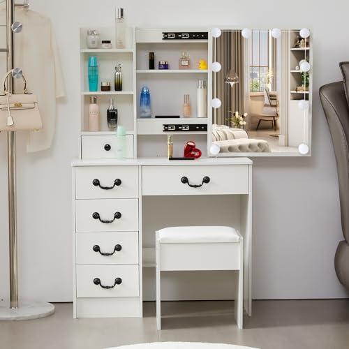 White Vanity Desk with Mirror and Light and Drawers Y229519