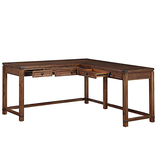 Rustic L-Shape Office Desk with Power Port Drawer, Champagne Oak Finish O314166