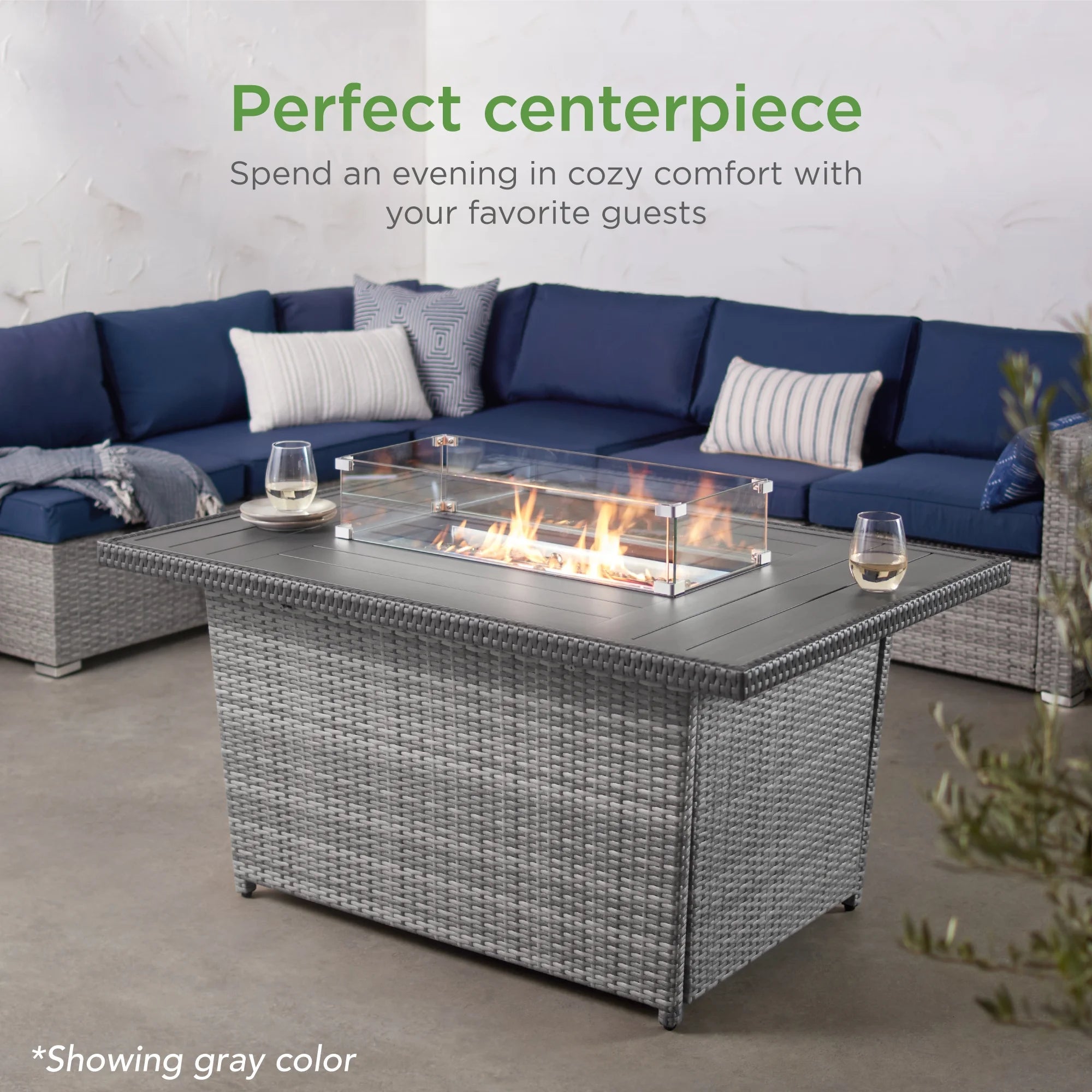 52in Gray Wicker Propane Gas Fire Pit Table with Glass Wind Guard F5117