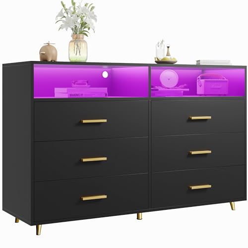 Black 6 Drawer Wood Dresser with LED H6502