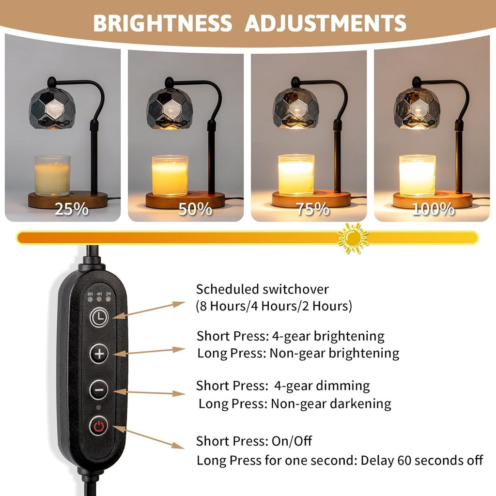 Candle Warmer Lamp with Timer, Adjustable Dimmer & Height, 2 Bulbs, Wooden Base Y950