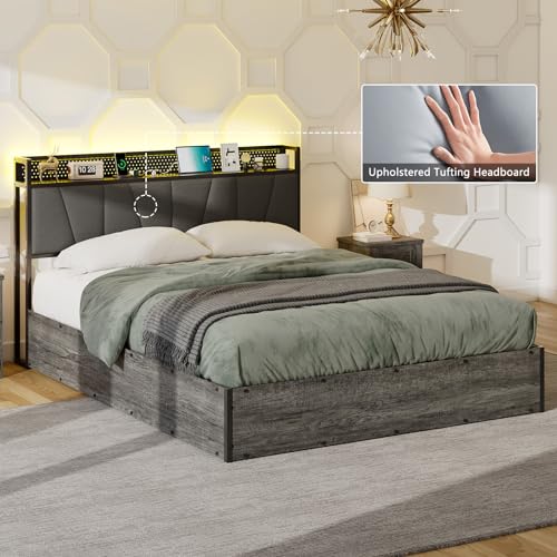 Black Linen Upholstered Full Size Lift Up Storage Bed Frame with LED Lights and Charging Station R32016