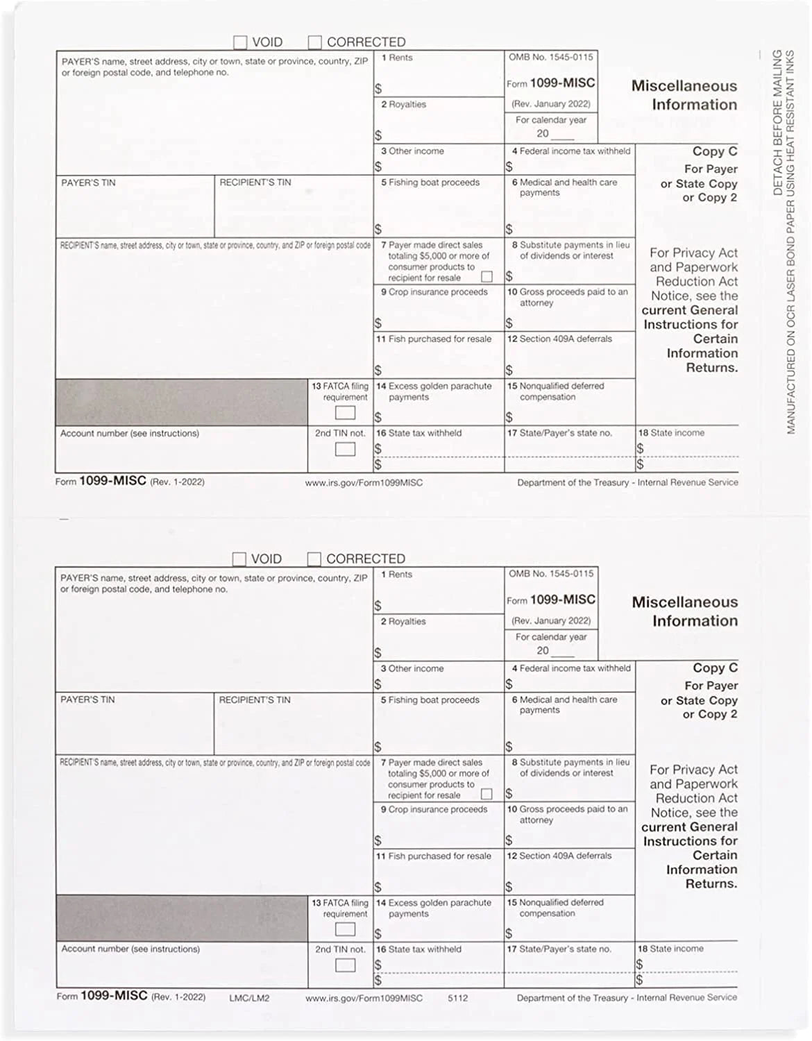 1099 Misc Forms 2022, 4 Part Laser Tax Forms, 25-Pack K522