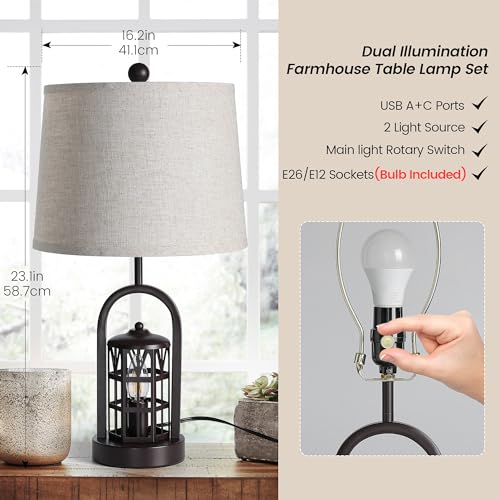 23" Rustic Table Lamp Set of 2 with Night Light, Brown T698