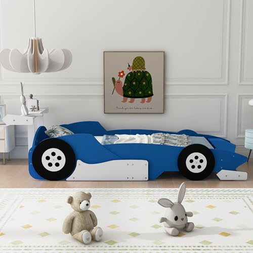 Yellow Twin Size Car-Shaped Wooden Platform Bed with Wheels Y931239