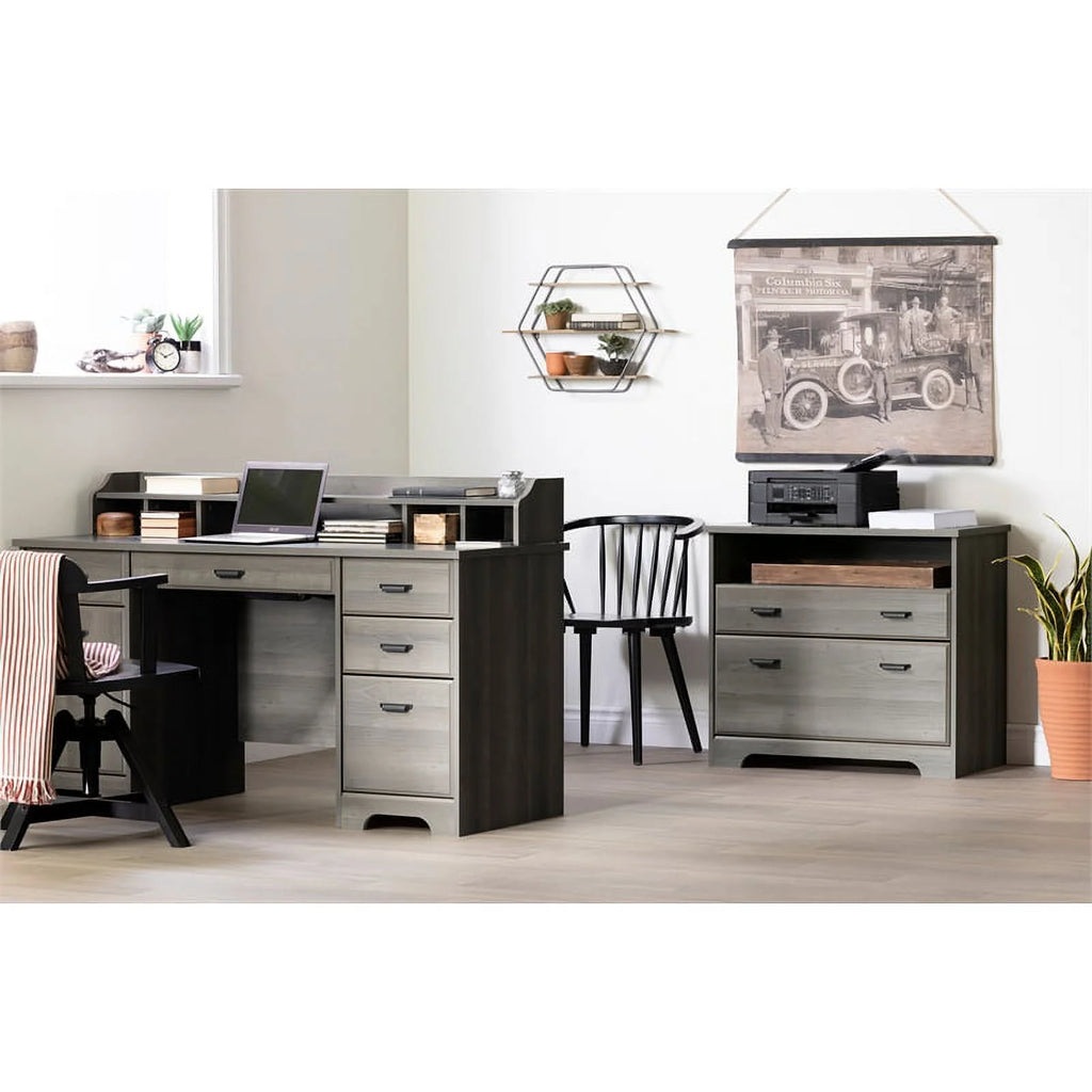 Gray Maple Desk with Hutch and 2-Drawer File Cabinet Set T869