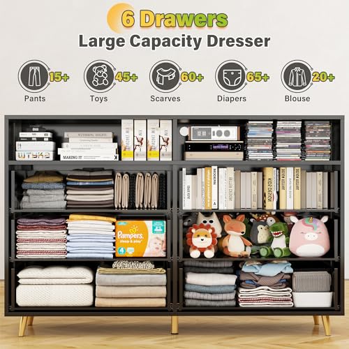 Black 6 Drawer Wood Dresser with LED H6502