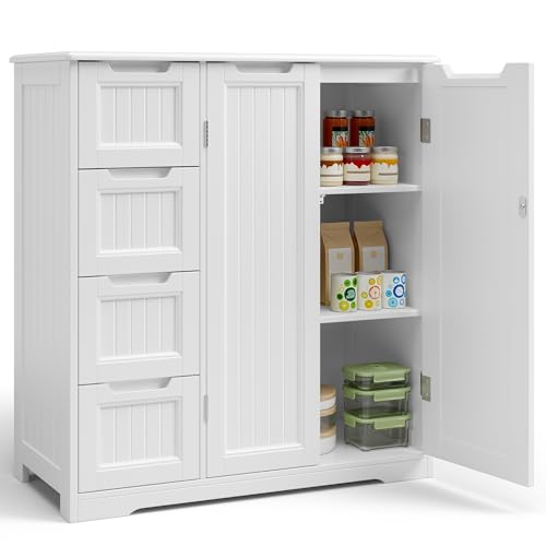 White Storage Cabinet with 4 Drawers & Double Doors T3772