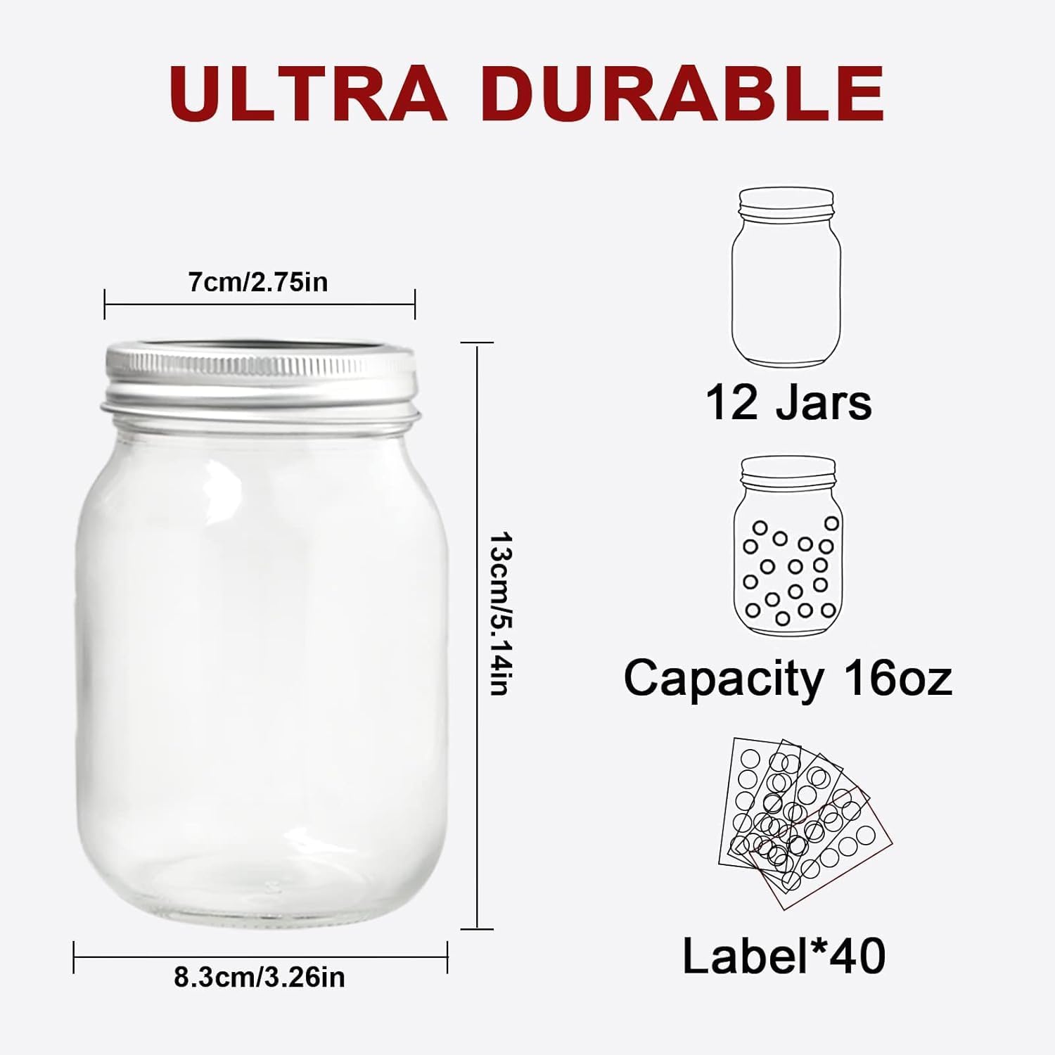 12 Pack 16 oz Clear Glass Mason Jars with Airtight Lids and Bands K1222