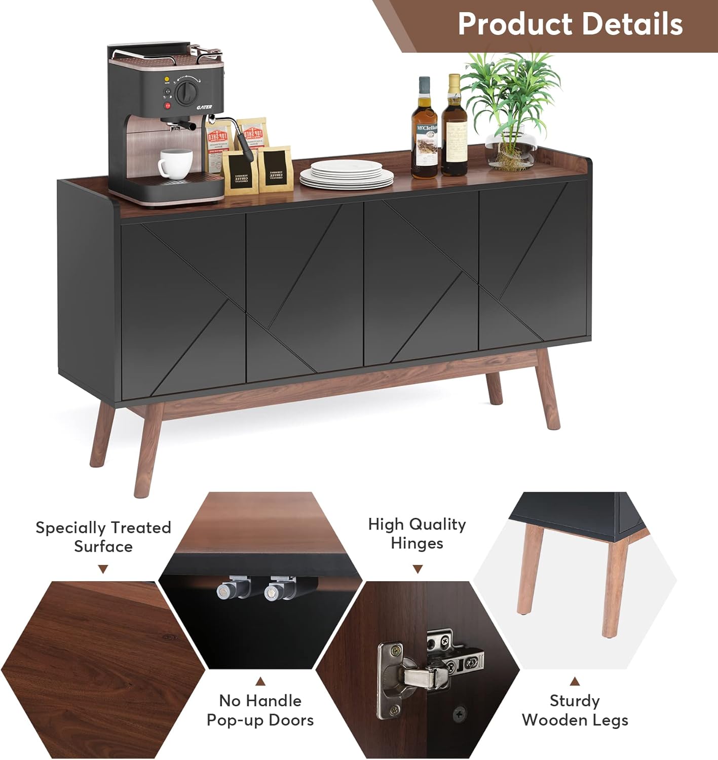 Black 55" Wood Sideboard Cabinet with Doors U7871