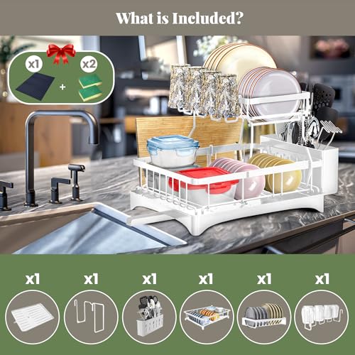 White 2-Tier Metal Dish Drying Rack with Drainboard F45826