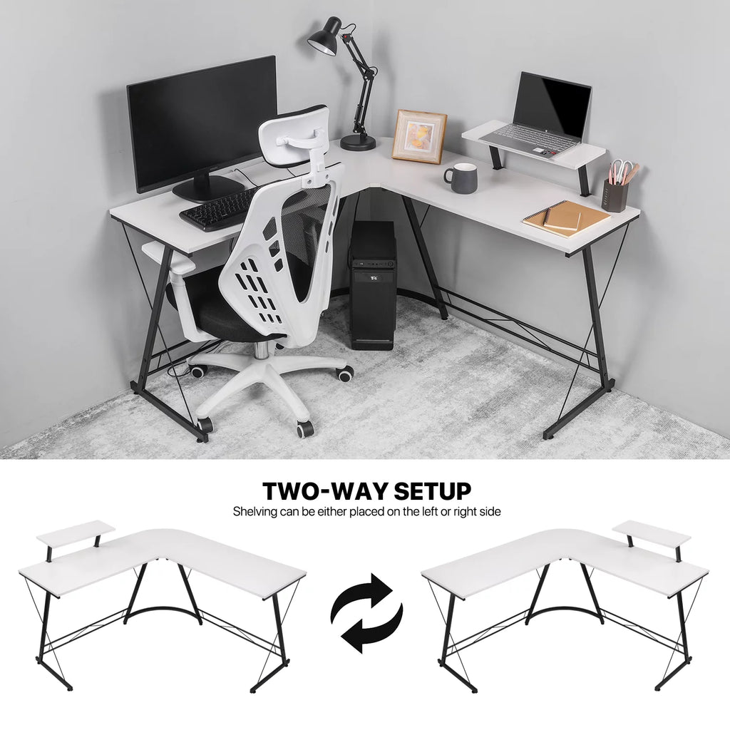 White L Shaped Corner Gaming Desk with Monitor Stand T2897
