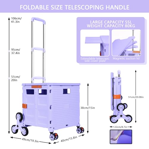 Foldable Utility Cart with Stair Climbing Wheels, Collapsible Rolling Crate with Magnetic Lid Telescopic Cover, Telescoping Handle, 360° Rotate Wheel Hand Cart (Purple) V69719