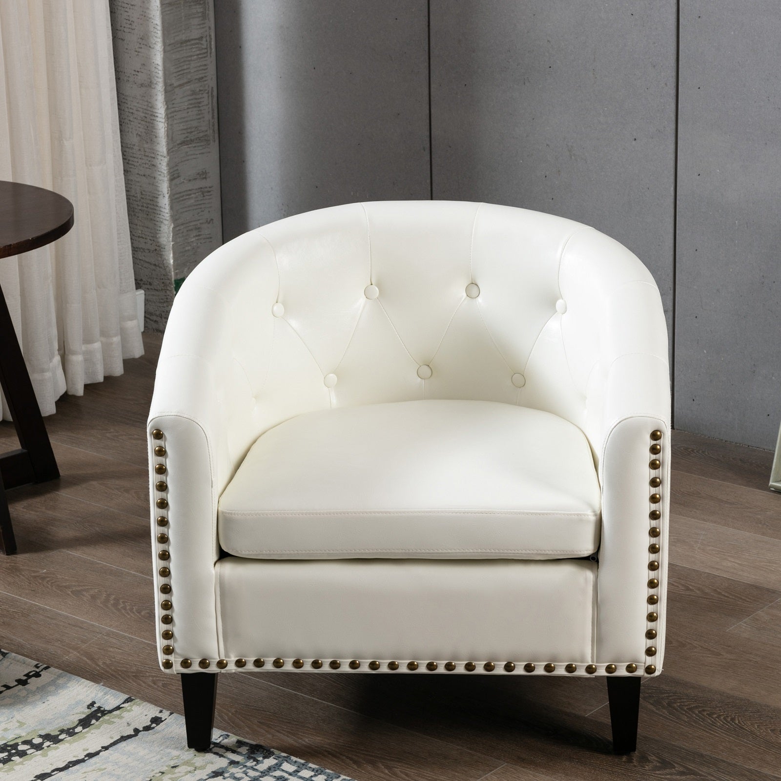 White Pu Leather Barrel Accent Chair with Nailheads and Solid Wood Legs G454