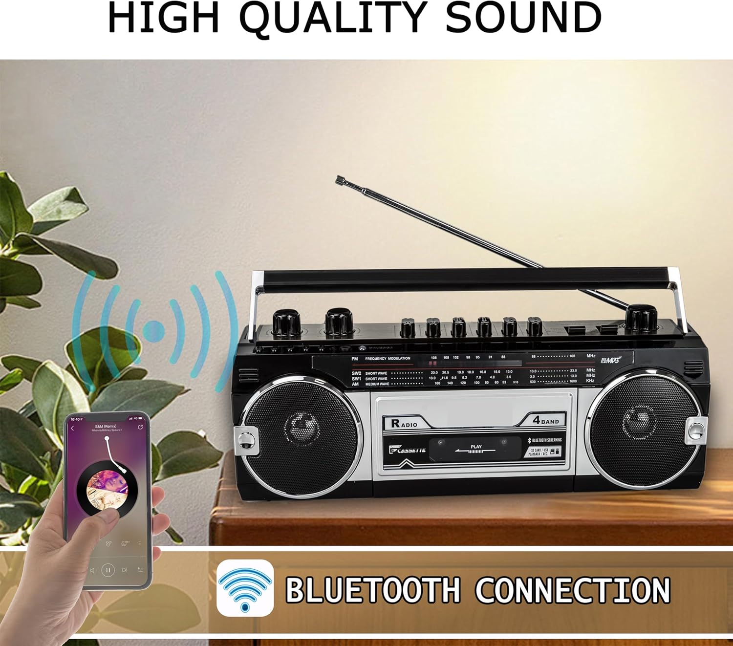 Black Retro Bluetooth Boombox Radio Cassette Player Recorder E785