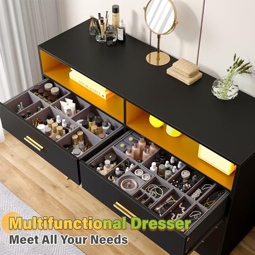 Black 6 Drawer Wood Dresser with LED H6502