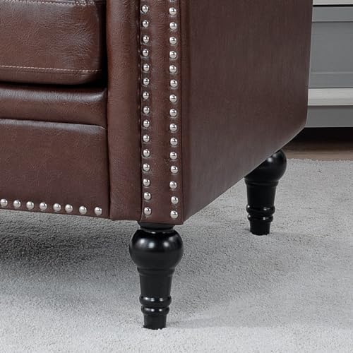 Brown Leather Square Arm Tufted Single Sofa Chair with Nailheads and Solid Wood Legs O898104