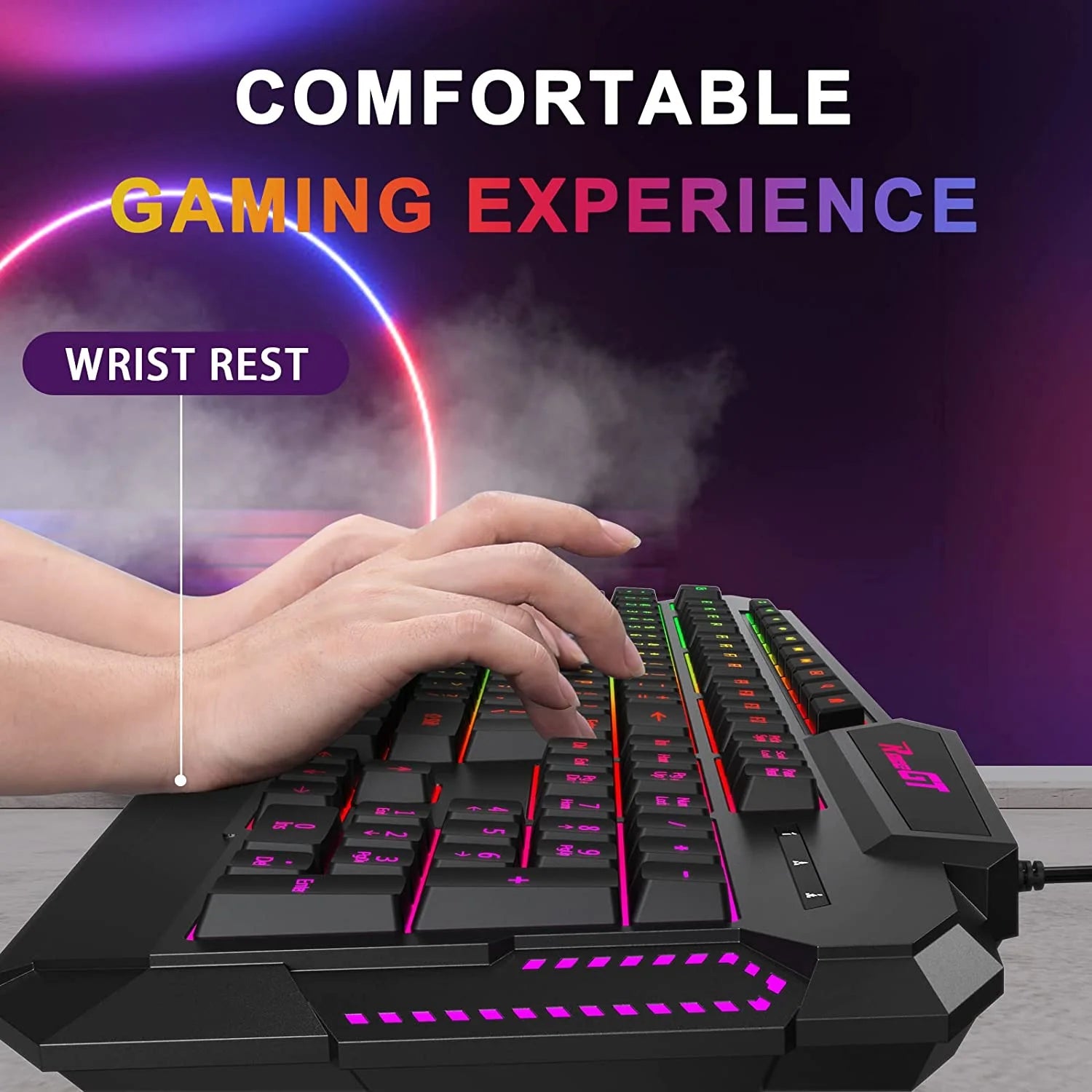 114 Keys Full Size Wired Rainbow LED Backlit Quiet Computer Keyboard with Wrist Rest H796