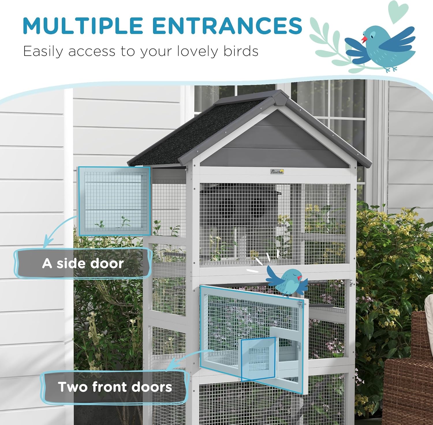 Gray Wooden Bird Cage with Slide-Out Tray I345921