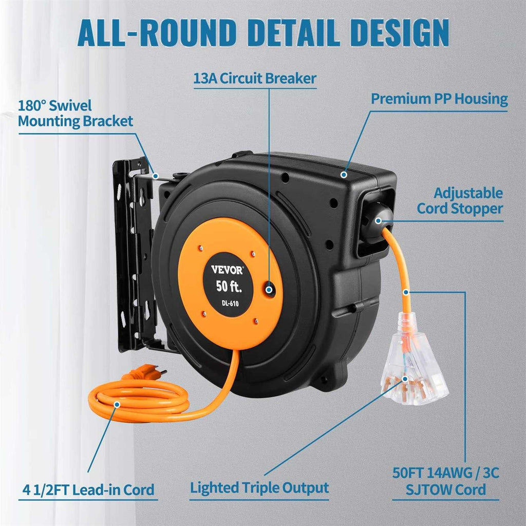 50 ft Heavy Duty 14AWG/3C SJTOW Retractable Extension Cord Reel with Lighted Triple Tap Outlet L688028