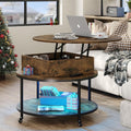 Rustic Brown Lift Top Round Coffee Table with 2-Tier Storage & Wheels C30371