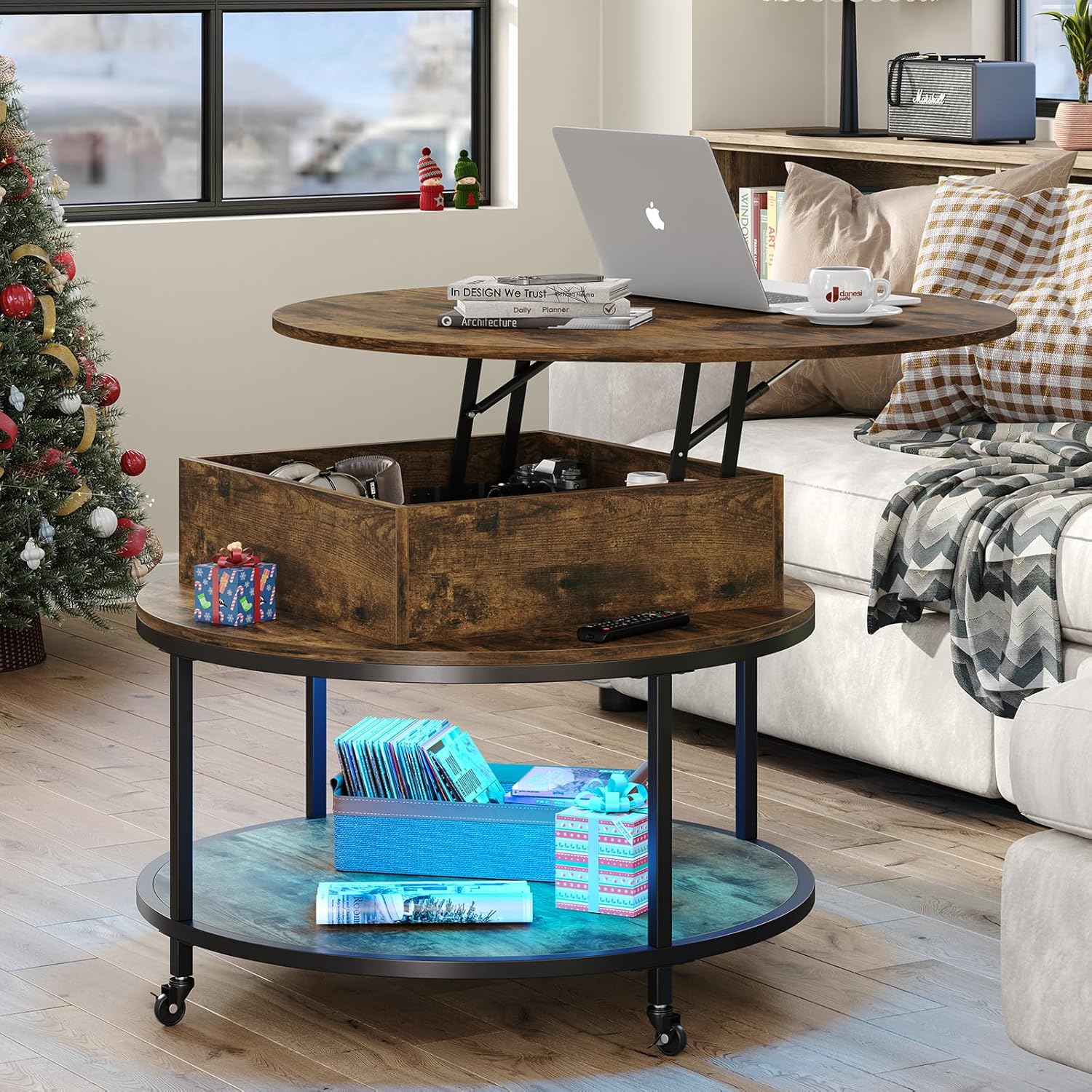 Rustic Brown Lift Top Round Coffee Table with 2-Tier Storage & Wheels C30371