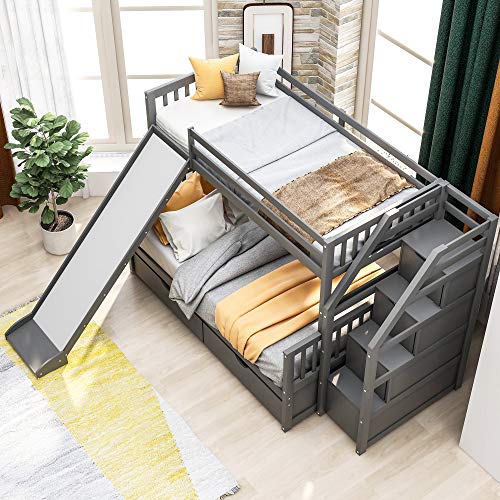 Grey Wood Twin Over Full Bunk Bed with Slides and Drawers D5069