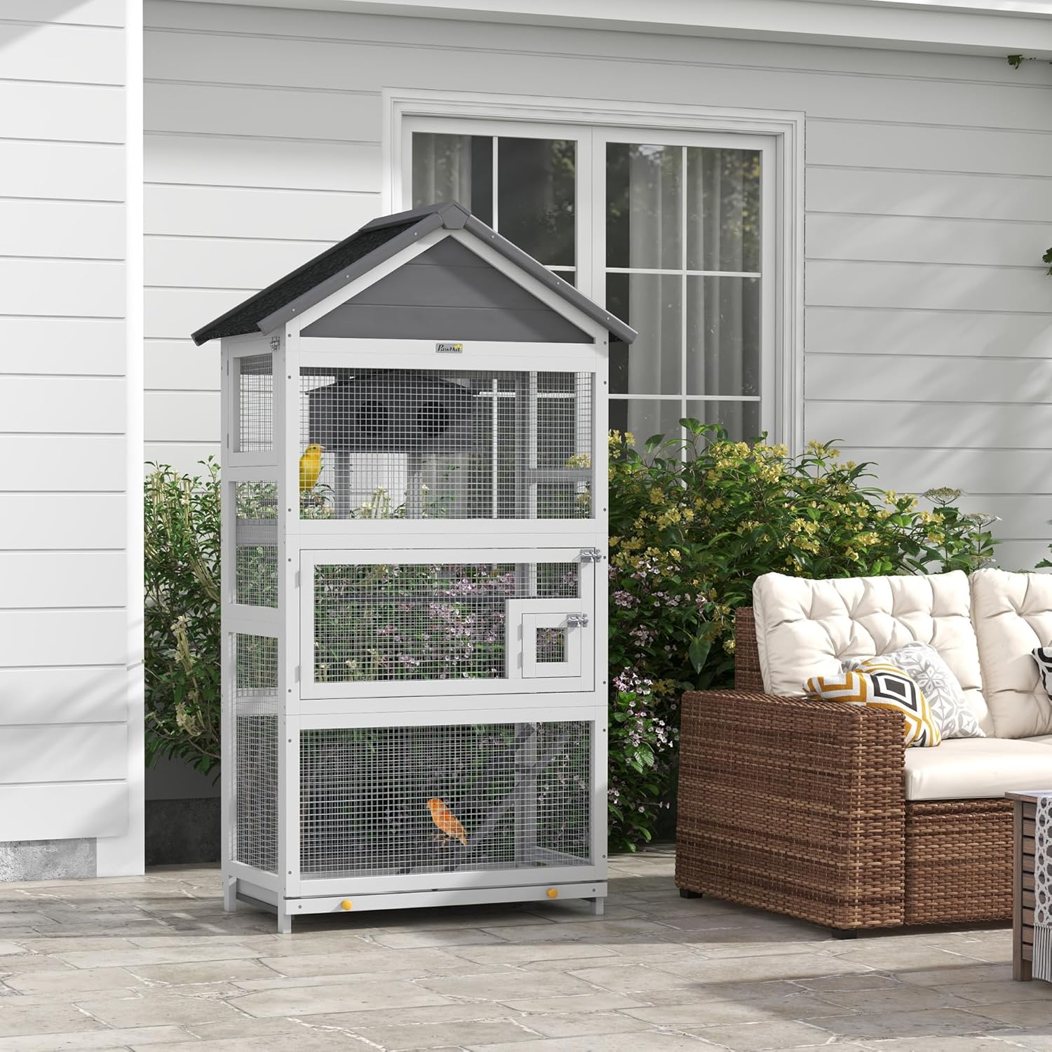 Gray Wooden Bird Cage with Slide-Out Tray I345921