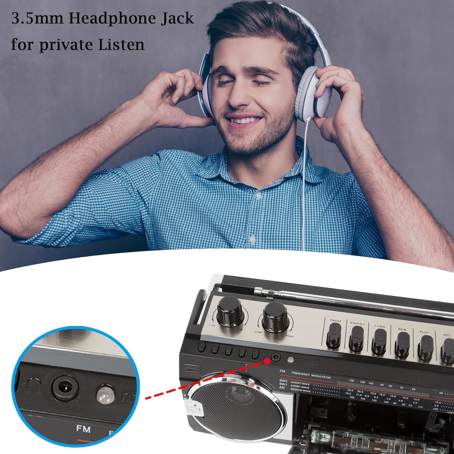 Black Retro Bluetooth Boombox Radio Cassette Player Recorder E785