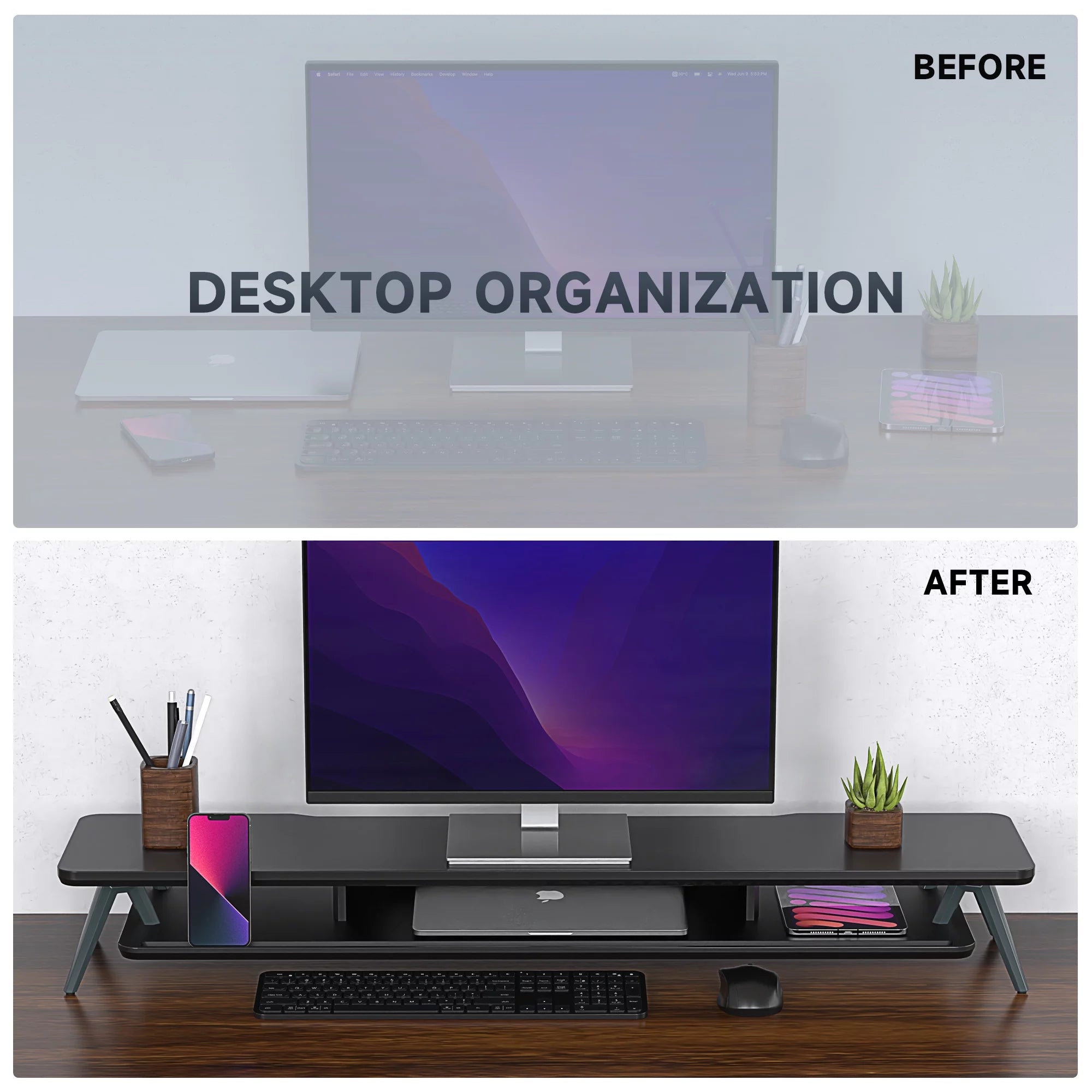 42.5 Inch Dual Monitor Stand Riser Desk Shelf with Storage Organizer V810457