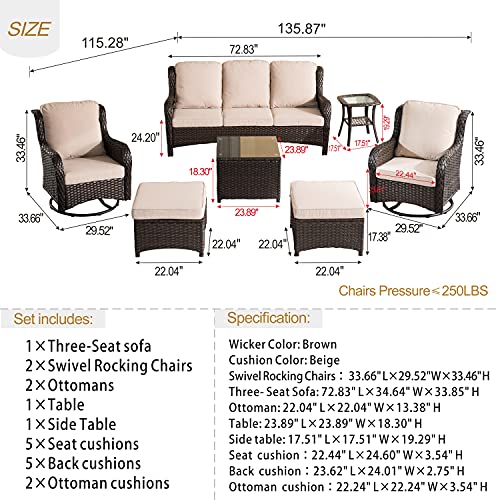 Grey Wicker Denim Blue 7 Pieces Wicker Conversation Set with Swivel Rocking Chairs, Side Table, High Back Sofa, Ottomans and Coffee Table S779591