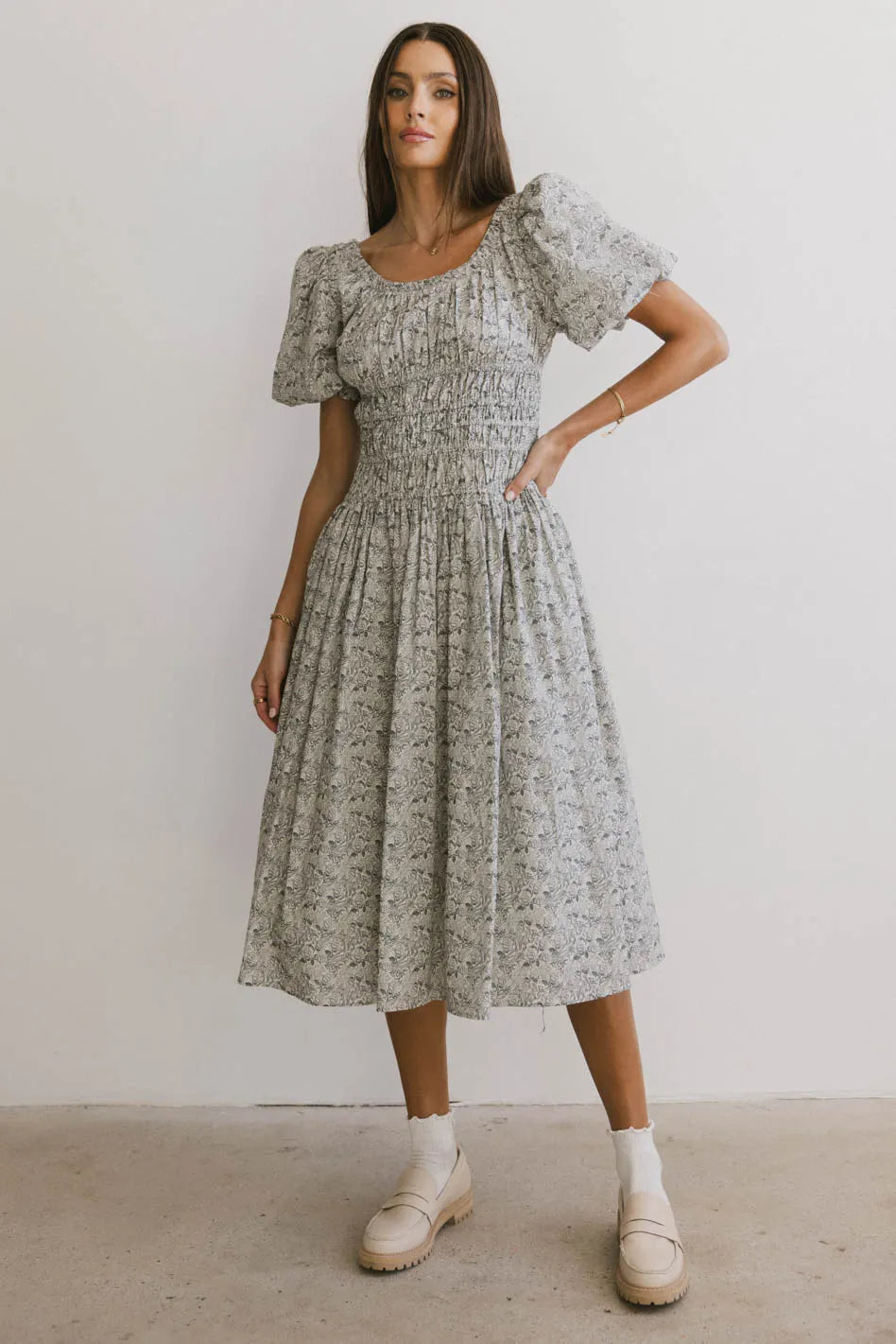 Smocked Floral Dress in Navy A5114
