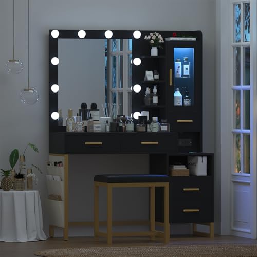 White Vanity Desk with Lighted Mirror and Chair, 5 Drawers Vanity Table Set with LED Cabinet & Storage Bag I703283