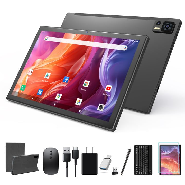 10.1 Inch Android 14 Tablet, Octa-Core, 64GB ROM, 8GB RAM, 128GB Expandable, Dual Camera, 5G WiFi, Bluetooth, FHD IPS Screen, 2 in 1 Tablet with Keyboard, Case, Stylus Q116400
