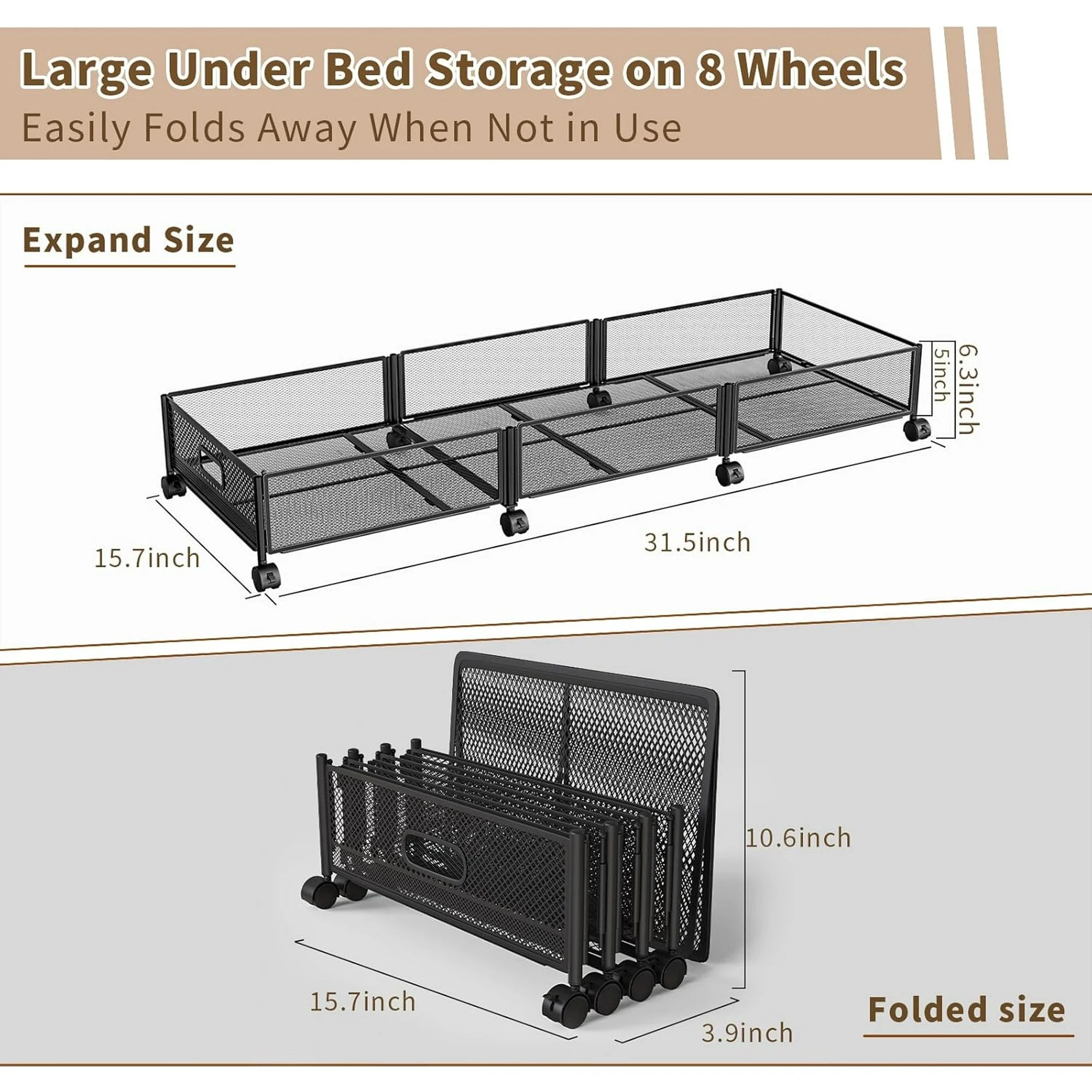 47.2'' Long Under Bed Storage on Wheels, 57.6L Large Capacity Foldable Drawers X817339