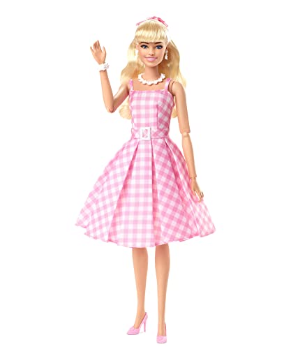 Collectible Doll Wearing Pink and White Gingham Dress with Daisy Chain Necklace Y635