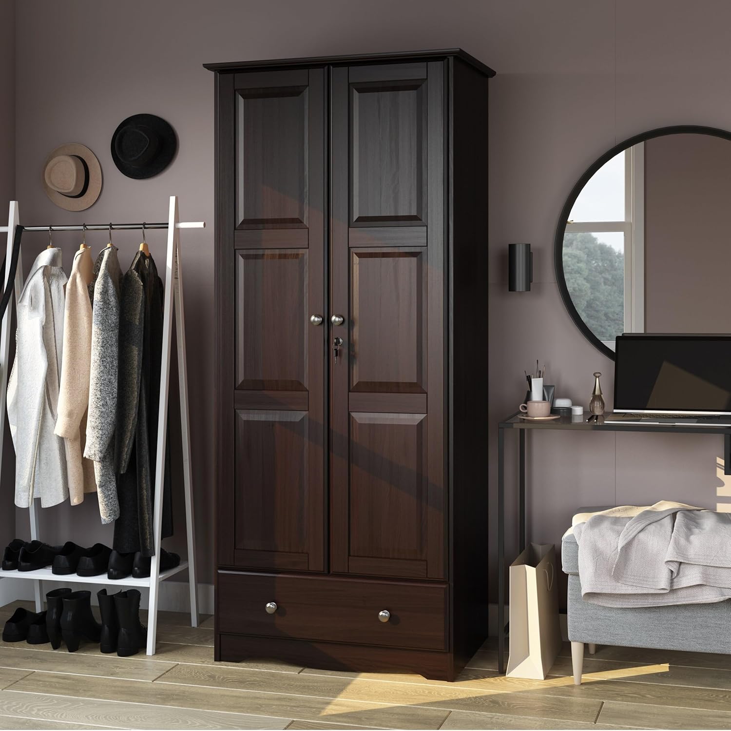 100% Solid Wood Wardrobe Armoire Mocha Stained G9323