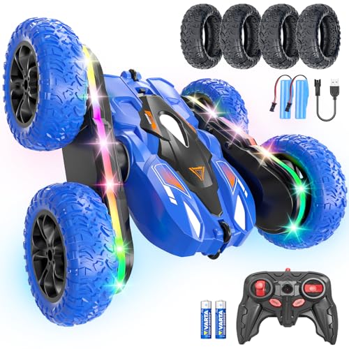 Remote Control Car with LED-Strips, 360° Flips Stunt Toy Cars, 40 Min Playtime with Dual Batteries & Extra Tires S11948