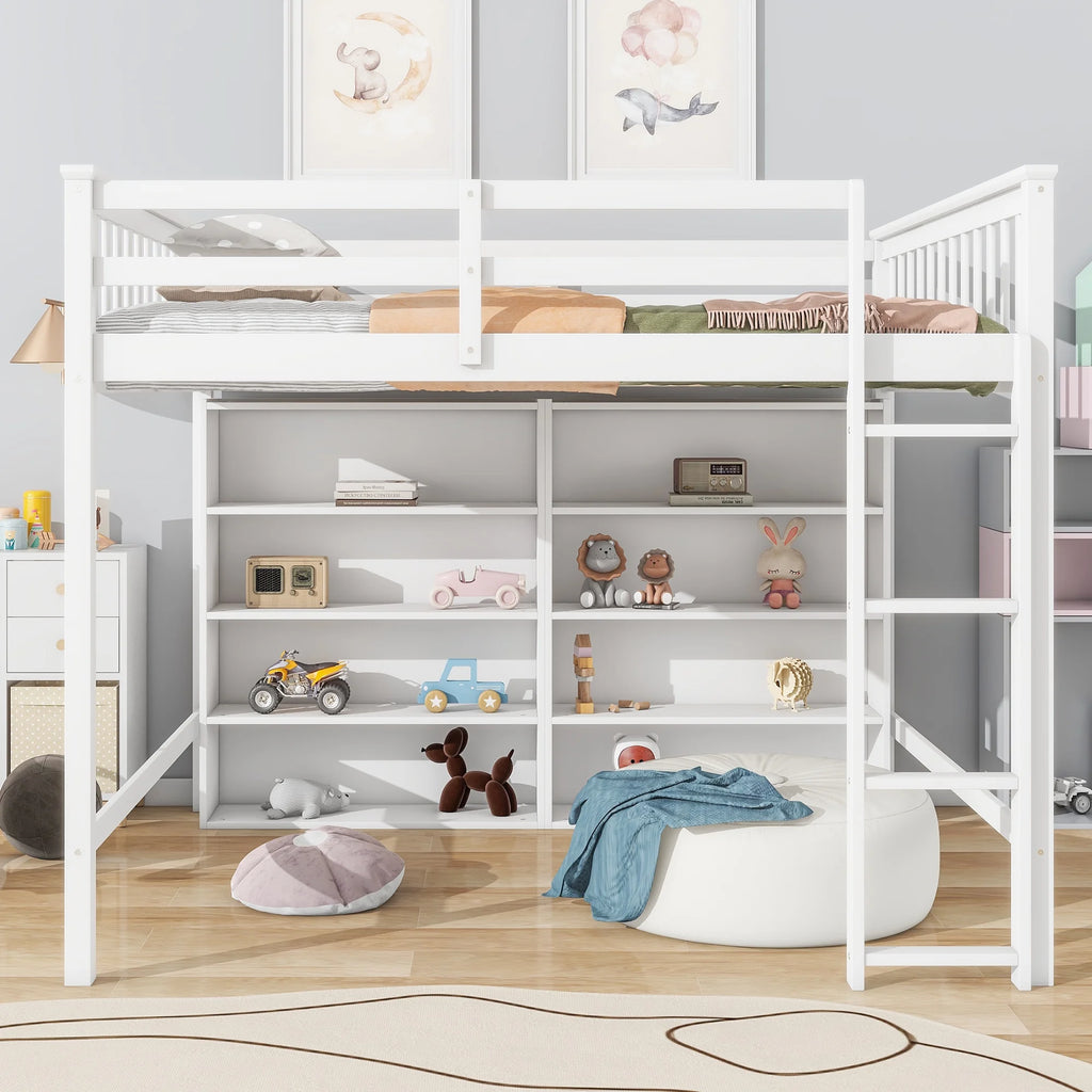 White Wood Full Size Loft Bed with 8 Open Storage Shelves O76639