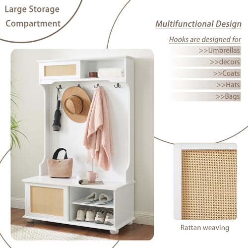 64" 3-in-1 Hall Tree Entryway Four Hooks Rattan Door Shelves Shoe Storage Bench Cabinets with Solid Feet J235716