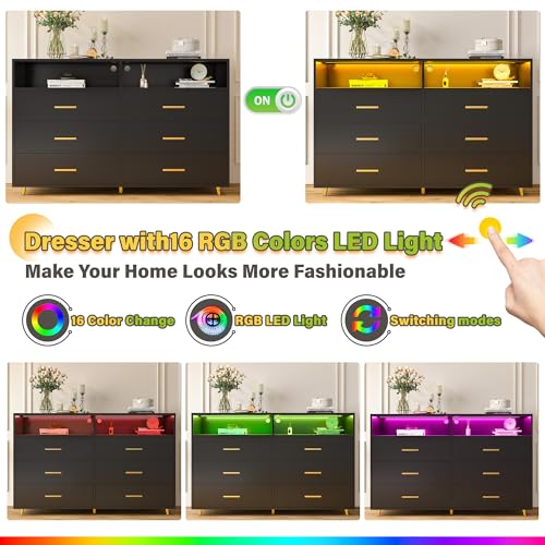 Black 6 Drawer Wood Dresser with LED H6502