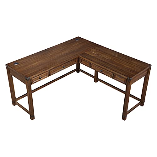 Rustic L-Shape Office Desk with Power Port Drawer, Champagne Oak Finish O314166