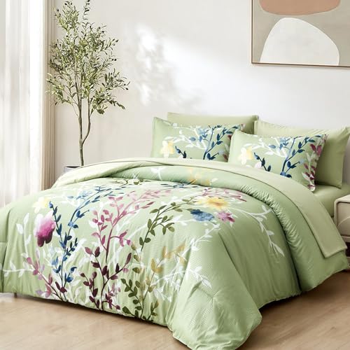Sage Green King Floral Comforter Set with Sheets and Pillowcases J2890